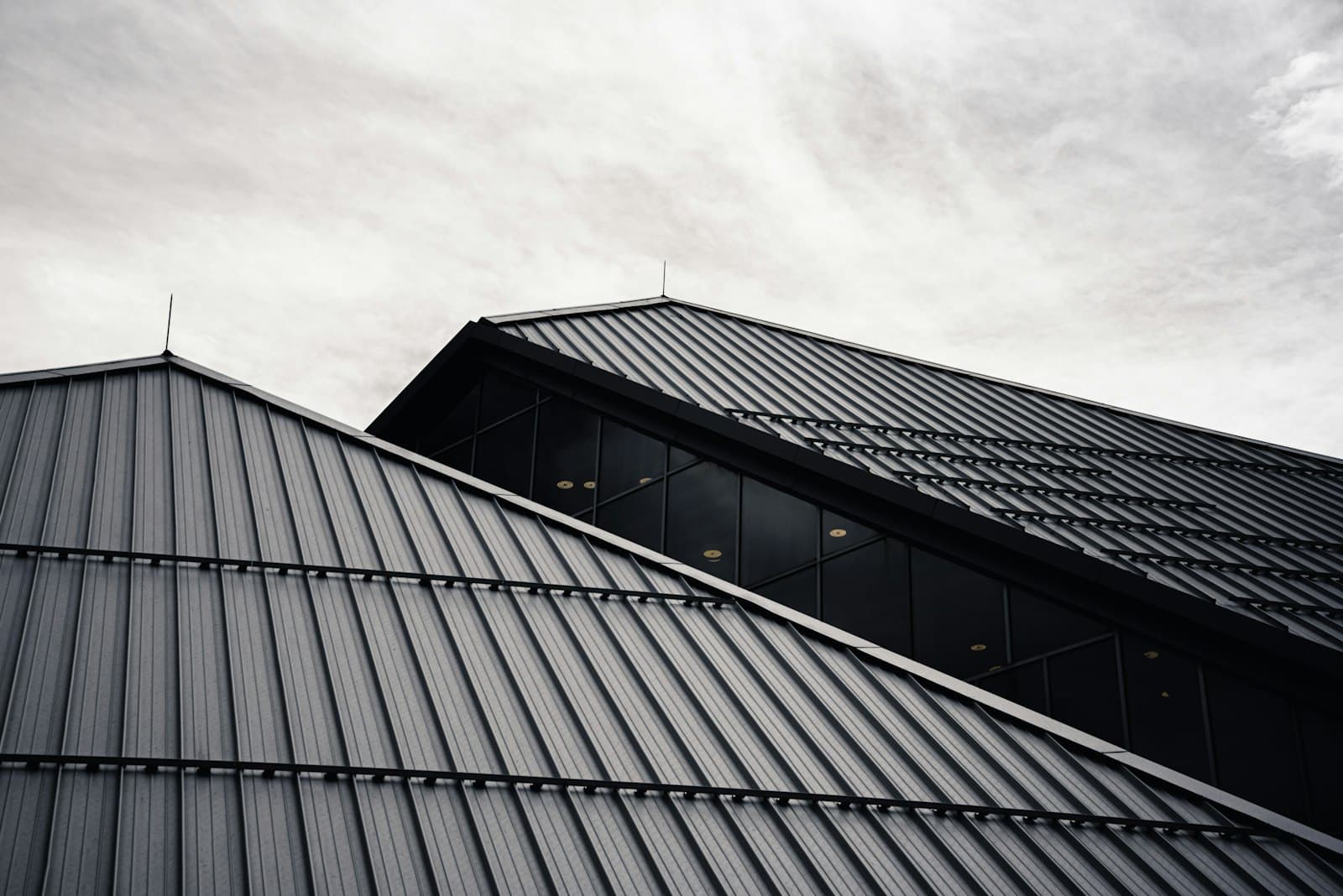 Crisp zinc standing-seam roof on a modern gable, against a heavy sky.