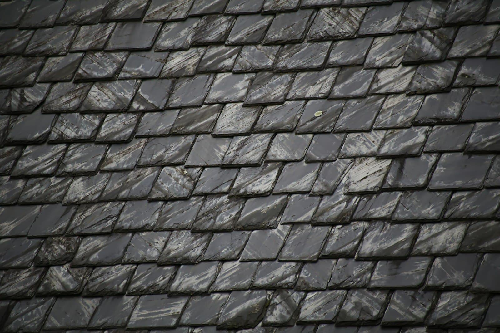 Close-up of weathered dark Welsh slate tiles on a pitched roof.